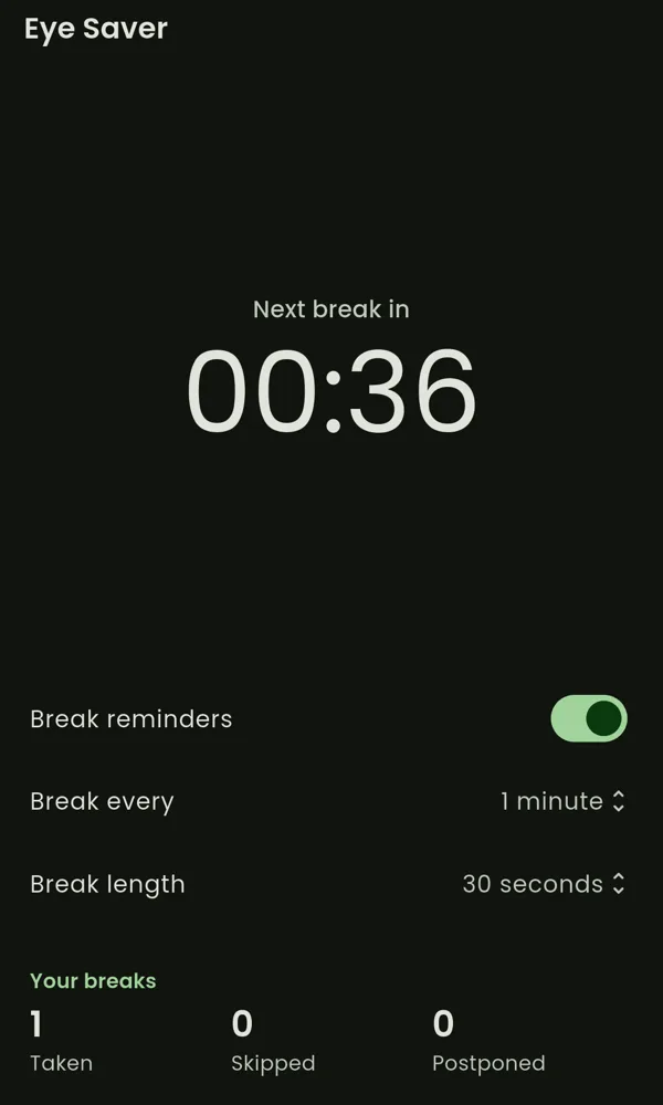 Eye Saver Timer tab: Next break in 00:36, with Break reminders on, Break every, Break length, and totals for breaks taken, skipped, and postponed.